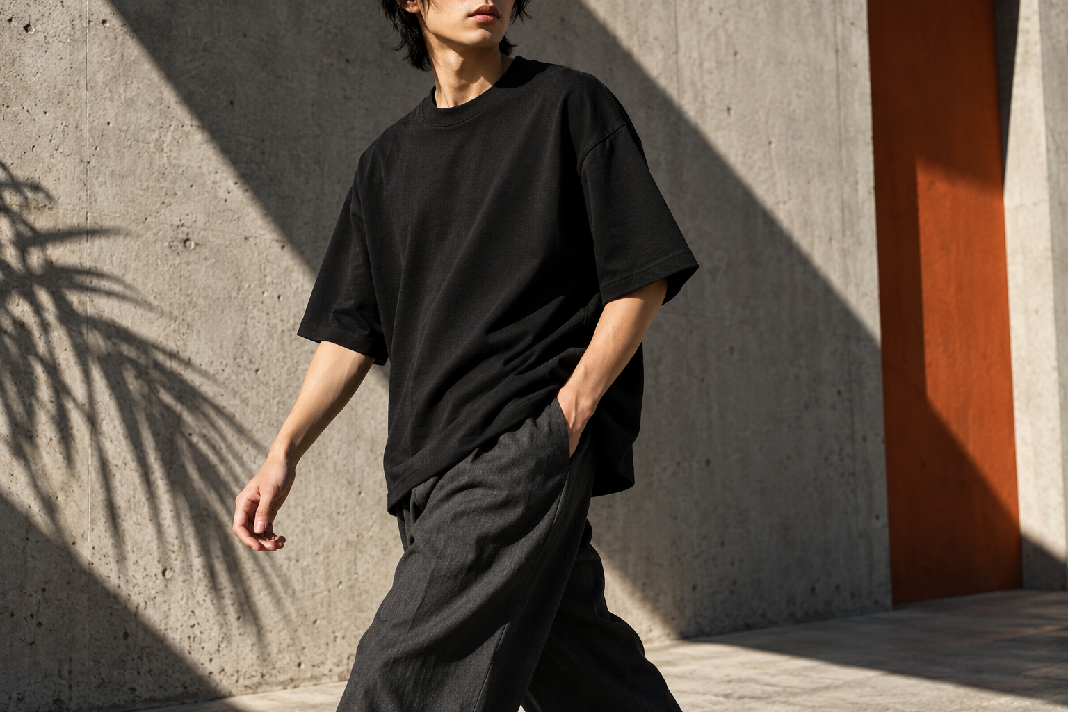 Oversized black streetwear in tropical light, a fashion concept visual